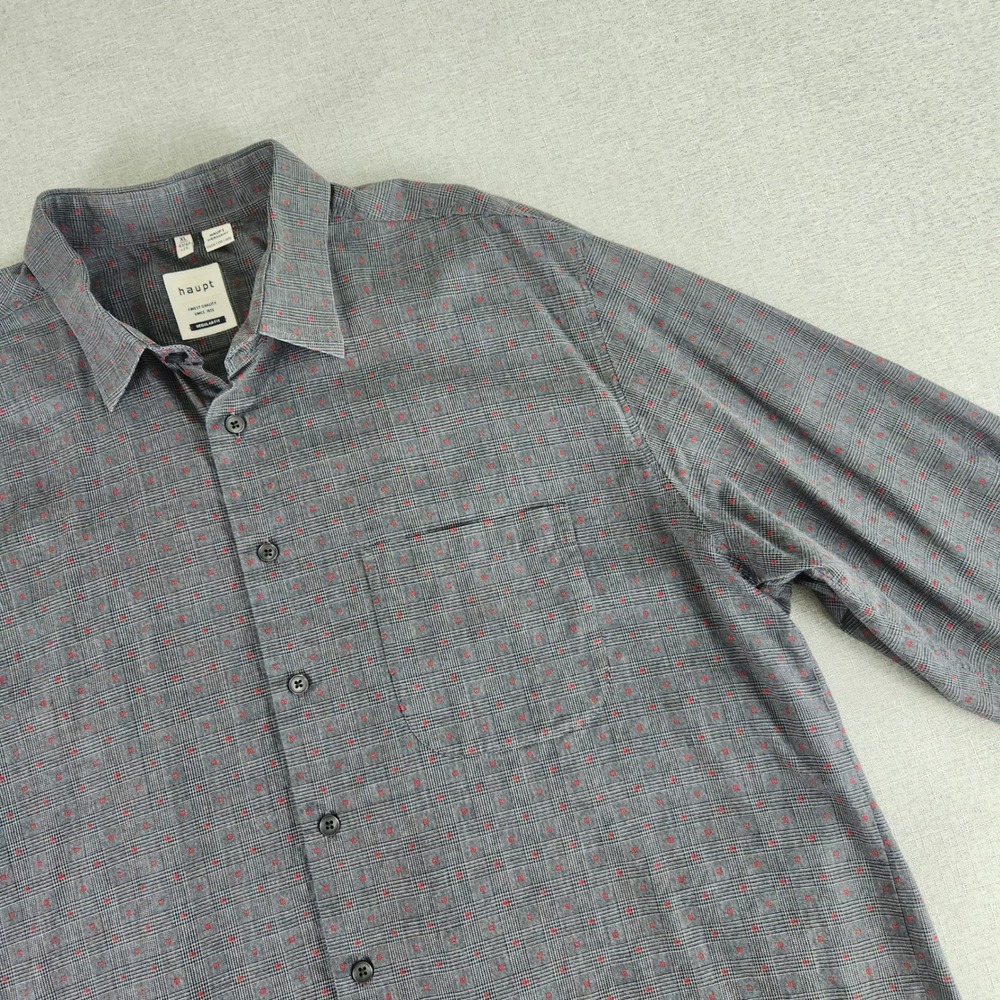 Haupt Germany Mens XL Grey Glen Plaid Red Embroidered 100%‎ Cotton Button Shirt